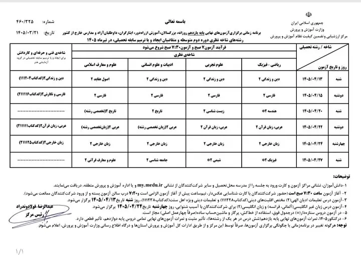 جدول امتحان 2