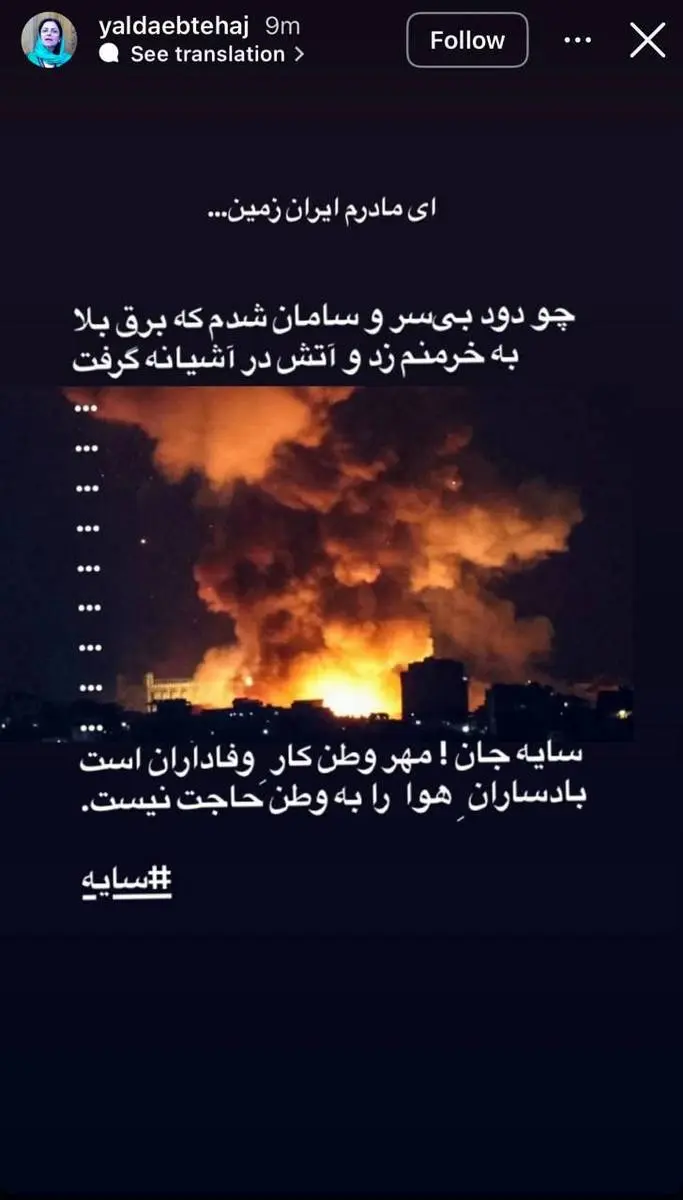 واکنش یلدا ابتهاج با شعری از «سایه» درباره وطن