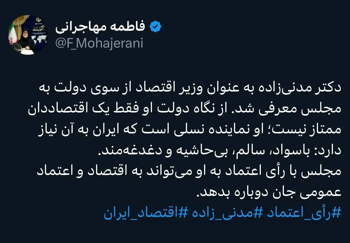 مدنیزاده بهعنوان یک اقتصاددان به مجلس معرفی شد