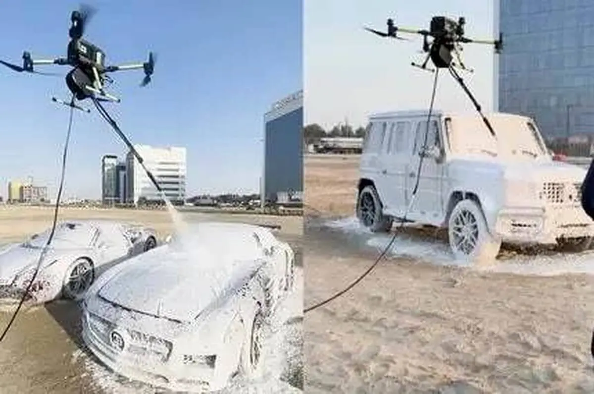 تصاویر شستشوی ماشین در اولین کارواش پهپادی